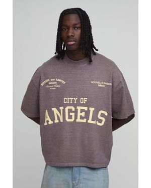BoohooMAN Washed Oversized City Of Angels T-Shirt Cotton - Brown