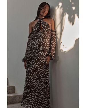 Karen Millen Polka Dot Crinkle Cold Shoulder Georgette Woven Maxi Dress - Brown