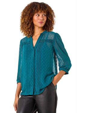 Roman Dobby Lace Front Pleated Blouse - Blue