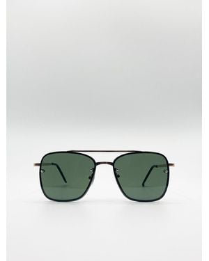 SVNX Metal Frame Square Aviator Style Sunglasses - Green