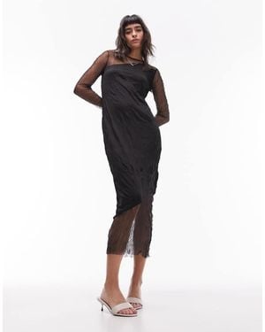 TOPSHOP Sheer And Solid Crinkle Mix Midi Dress - Black
