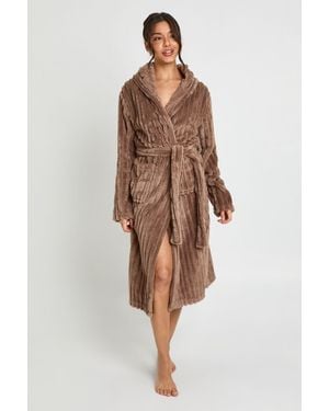 Boohoo Ribbed Fleece Hooded Long Dressing Gown - Brown