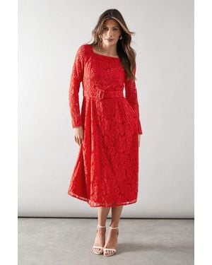 Wallis Lace Square Neck Belted Dress - Red
