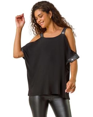 Roman Shimmer Cold Shoulder Stretch Jersey Top - Black