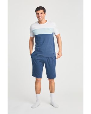 Tokyo Laundry Dark Cotton 2-Piece Short Sleeve Top And Jersey Shorts Pyjama Set - Blue