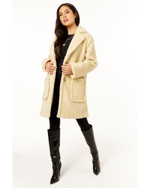 Gini London Faux Fur Longline Teddy Overcoat - Natural
