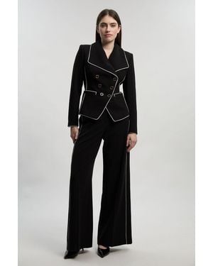 Karen Millen Petite Compact Stretch Contrast Tipped Wide Leg Tailored Trouser - Black
