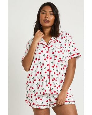 Boohoo Plus Heart Cherry Print Short Sleeve Shirt & Pyjama Set - White