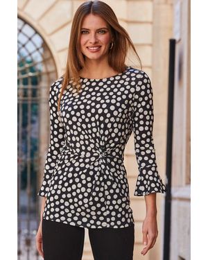 Sosandar Spot Print Twist Front Fluted Sleeve Top - Black