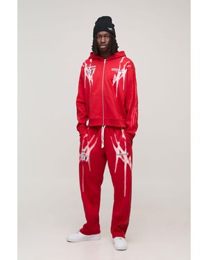 BoohooMAN Oversized Boxy Sport Distressed Zip Through Hoodie - Red