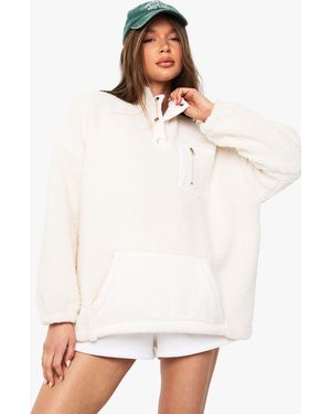 Boohoo Popper Funnel Neck Oversized Borg Sweatshirt - White