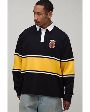 BoohooMAN Oversized Interlock Cut And Sew Applique Rugby Polo - Blue
