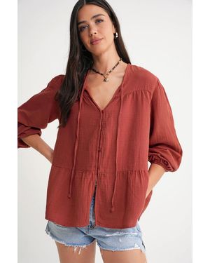 MixRay Long Sleeve Relaxed Fit Blouse With Tie-Neck - Red