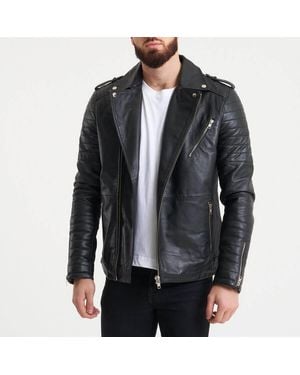 Barneys Originals Ribbed Sleeve Real Leather Jacket - Blue