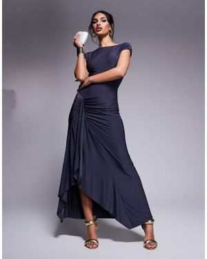 Kaiia Exclusive Double Layered Slinky Cap Sleeve Side Split Drape Detail Maxi Dress - Blue