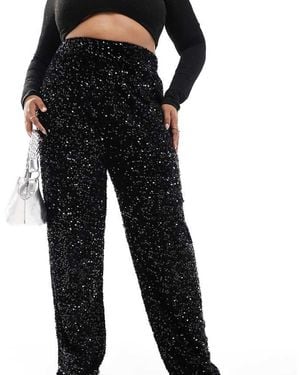 Pieces Plus Curve Wide Leg Velour Sequin Trousers - Black