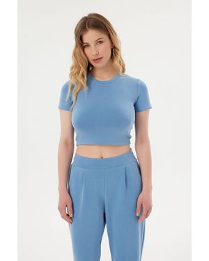 Hiccup Round Neck Basic Crop Top - Blue