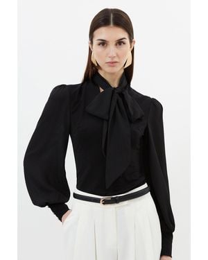 Karen Millen Jersey Ponte And Georgette Mix Tie Neck Long Sleeve Bodysuit - Black