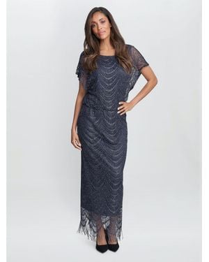Gina Bacconi Arleen Long Blouson Fringe Hem Dress - Blue