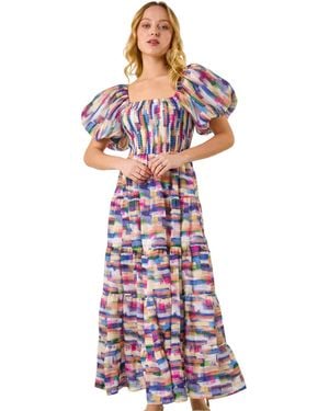 D.u.s.k Abstract Puff Sleeve Tiered Dress - White