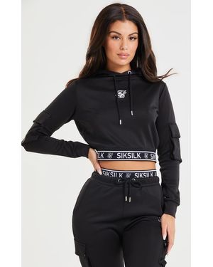 SIKSILK Womenss Cropped Cargo Hoodie - Black