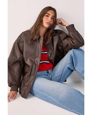 Nasty Gal Oversized Longline Faux Leather Bomber Jacket - Grey