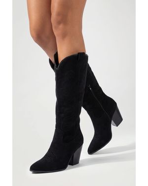 Boohoo Faux Suede Embroidered Knee High Western Cowboy Boots - Black