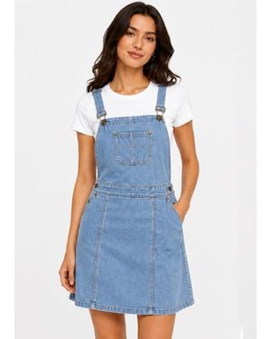 Gini London Light Denim Dungaree Pinafore Dress - Blue