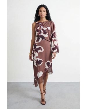 Warehouse Petite Placement Print One Shoulder Satin Midi Dress - Red