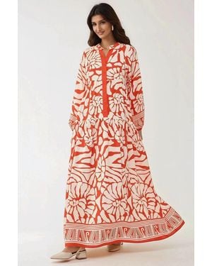 Hiccup Printed Long Sleeve Viscose Maxi Dress - Red