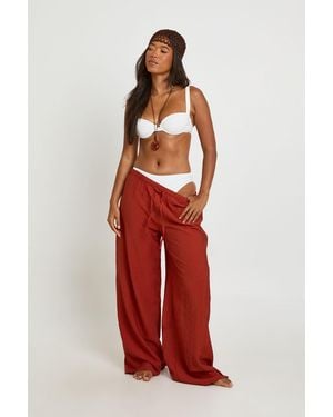 Boohoo Linen Look Wide Leg Beach Trousers - Red