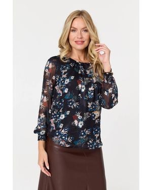 Izabel London Floral Semi Sheer Long Sleeve Blouse - Blue