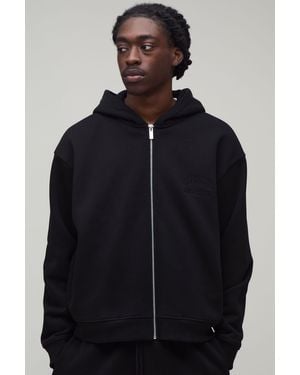 BoohooMAN Heavyweight Embroidered Cropped Boxy Zip Through Hoodie - Blue