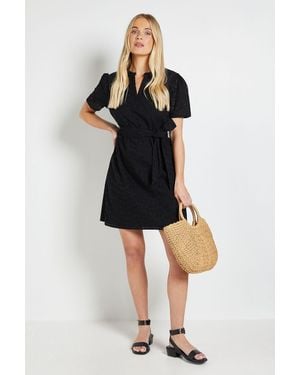 Wallis Petite Broderie Collarless Belted Shift Dress - Black