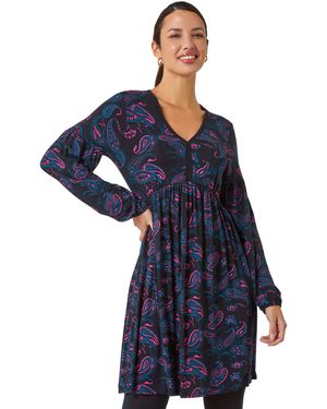 Roman Paisley Print Stretch Jersey Dress - Blue