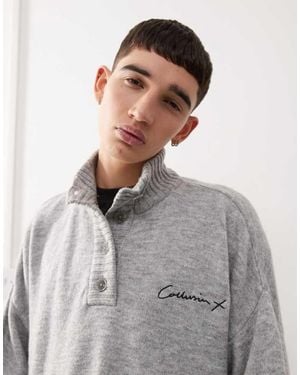 Collusion Half Button Up Knitted Jumper - Grey
