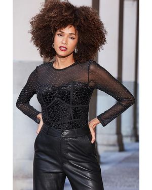 Sosandar Sparkle Velvet Mesh Sleeve Top - Black