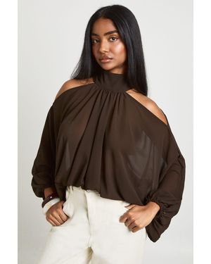 Boohoo Chiffon Cold Shoulder Volume Sleeve Blouse - Brown