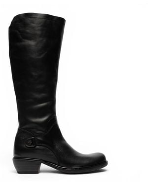 Fly London Leather High Heeled Riding Long Boots - Black