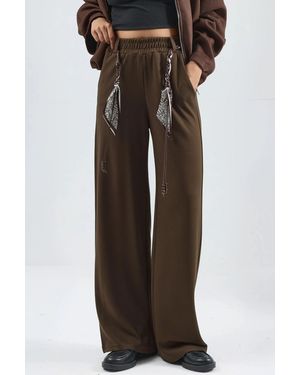 Hiccup Modal Touch Belted High Waist Straight Leg Knit Trousers - Brown