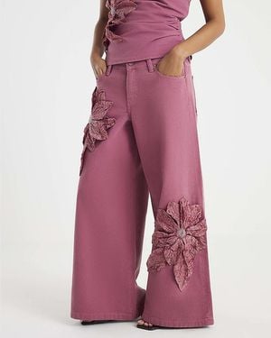 River Island Wide Leg Jeans Petite Low Rise Flower Denim Cotton - Red