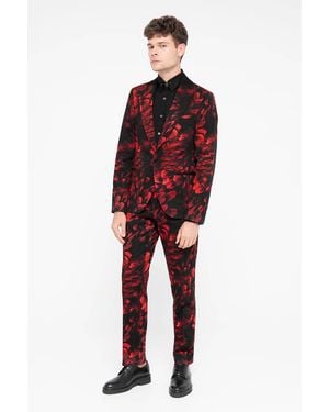 Twisted Tailor Heron Slim Fit Floral Cotton Trousers - Red