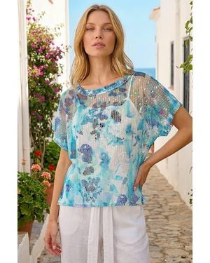 Roman Floral Mesh Overlay T-Shirt - Blue