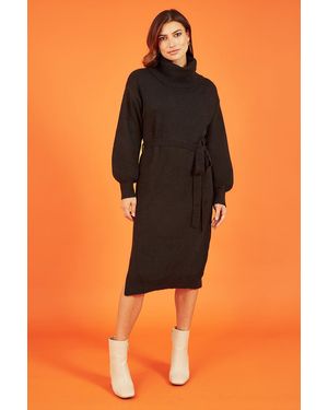 Yumi' Roll Neck Jumper Dress With Belt - Orange