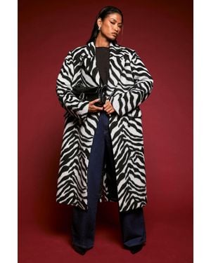 Boohoo Maxi Zebra Wool Look Coat - Red