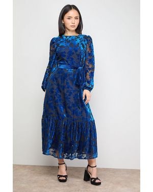 Oasis Petite Velvet Contrast Belted Maxi Dress - Blue