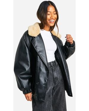 Boohoo Teddy Collar Faux Leather Aviator Bomber Jacket - Black