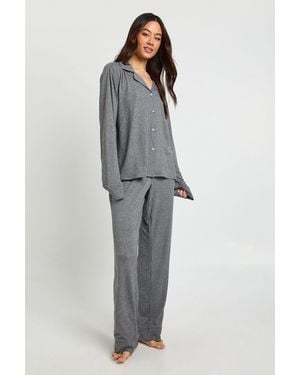 Boohoo Tall Soft Touch Button Through Shirt And Trouser Pyjama Set - Grey