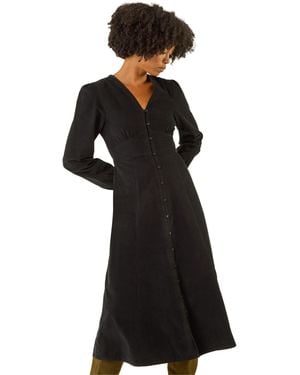 Roman Corduroy Button Through Midi Dress - Black