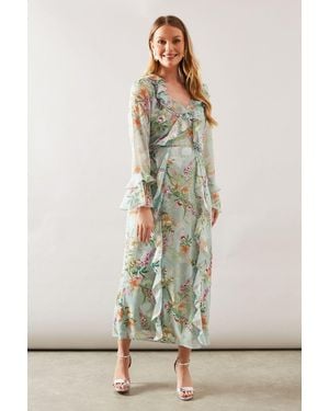 Wallis Floral Ruffle Belted Midaxi Dress - Green